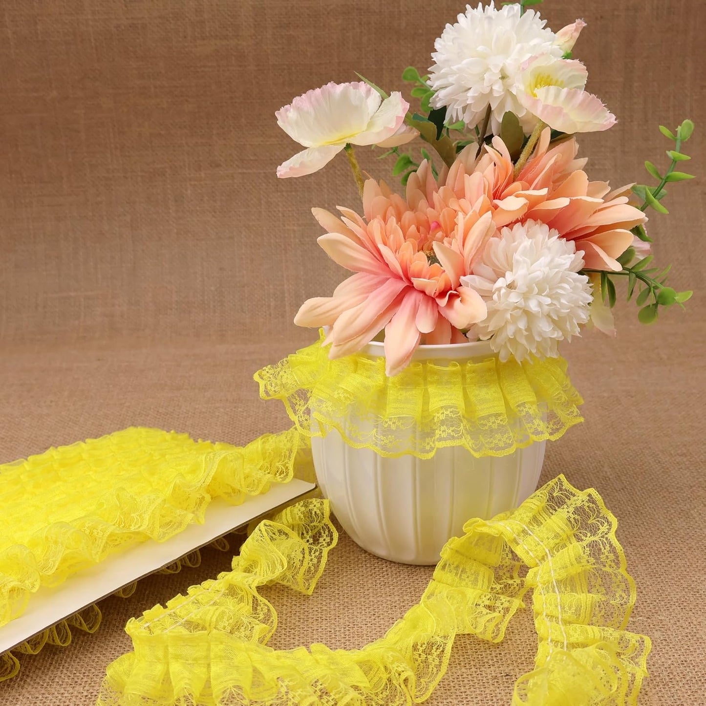 Yellow Lace Ruffle Trim for Crafts 1-5/8"x5yd 2-Layer Pleated Edge Lace Ribbon