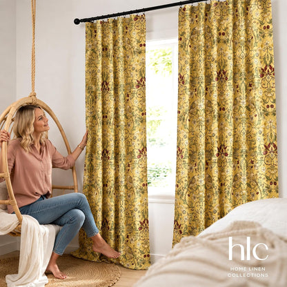 HLC.ME Florence Mustard Yellow Floral Curtains - Whimsical Hummingbird Chinoiserie Patterned Back Tab Rod Pocket Print Curtains Bedroom - Light Blocking Darkening Window Panels, Set of 2 (52 W x 84 L)