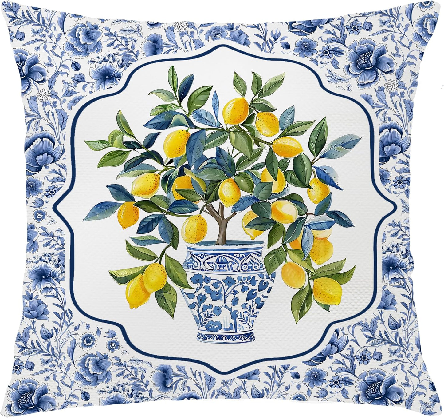 Chinoiserie Lemon Floral Pillow Cover 18x18 Double-Sided,Summer Blue and White Decorative Throw Pillow Cover for Couch Bed Bedroom Living Room