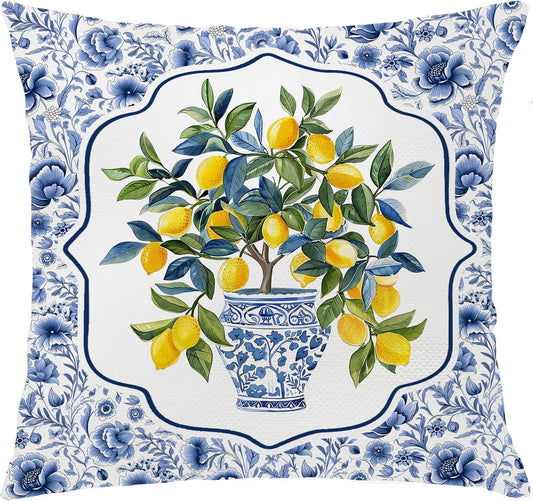 Chinoiserie Lemon Floral Pillow Cover 18x18 Double-Sided,Summer Blue and White Decorative Throw Pillow Cover for Couch Bed Bedroom Living Room