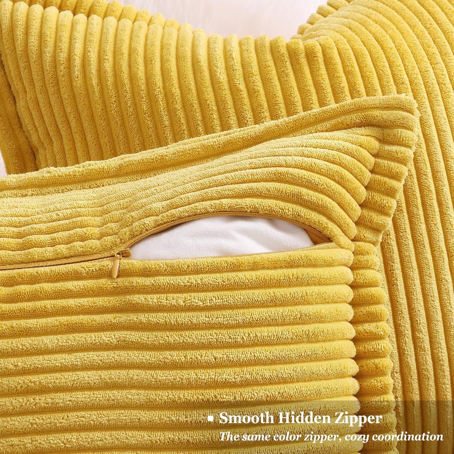 decorUhome Fall Corduroy Mustard Yellow Euro Sham Throw Pillow Covers 22x22 Set of 2 Decorative Soft Boho Farmhouse Couch Pillow Covers for Living Room Bed Sofa Broadside Striped Pillow Cases