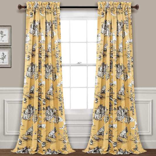 Lush Decor French Country Toile Light Filtering Window Curtain Panel Pair, 52" W x 84" L, Yellow & Gray