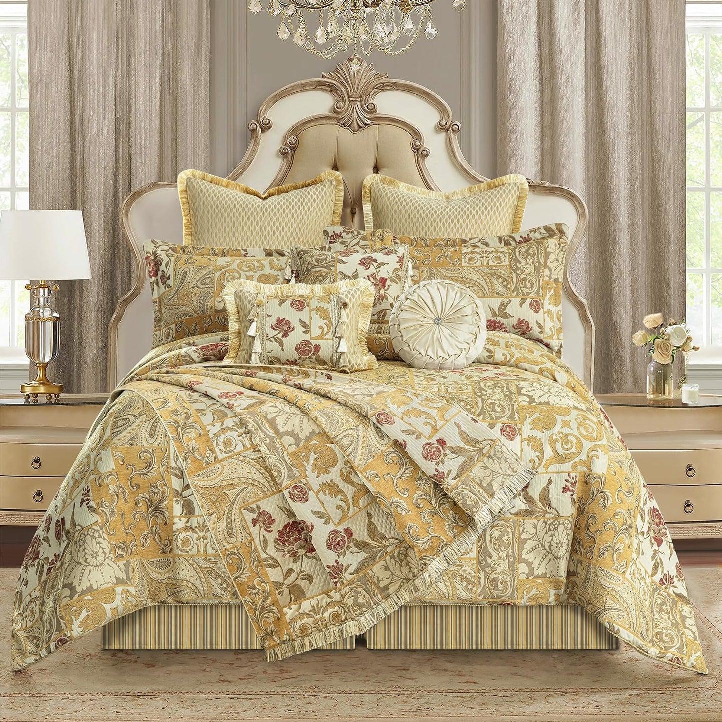 Loom and Mill Damask Patchwork Throw Blankets for Bed, Jacquard Floral Throws with Fringes Trim, Soft Lightweight Velvet Lined Throw Blanket for Sofa Couch Chair All Seasons(Beige Yellow, 52”x72”)