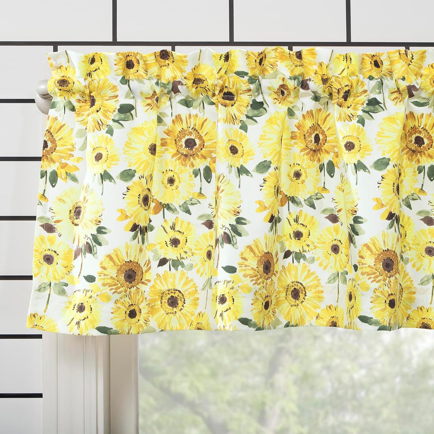 No. 918 Sunbeam Sunflower Print Semi-Sheer Rod Pocket Kitchen Curtain Valance and Tiers Set, 54" x 24", Yellow