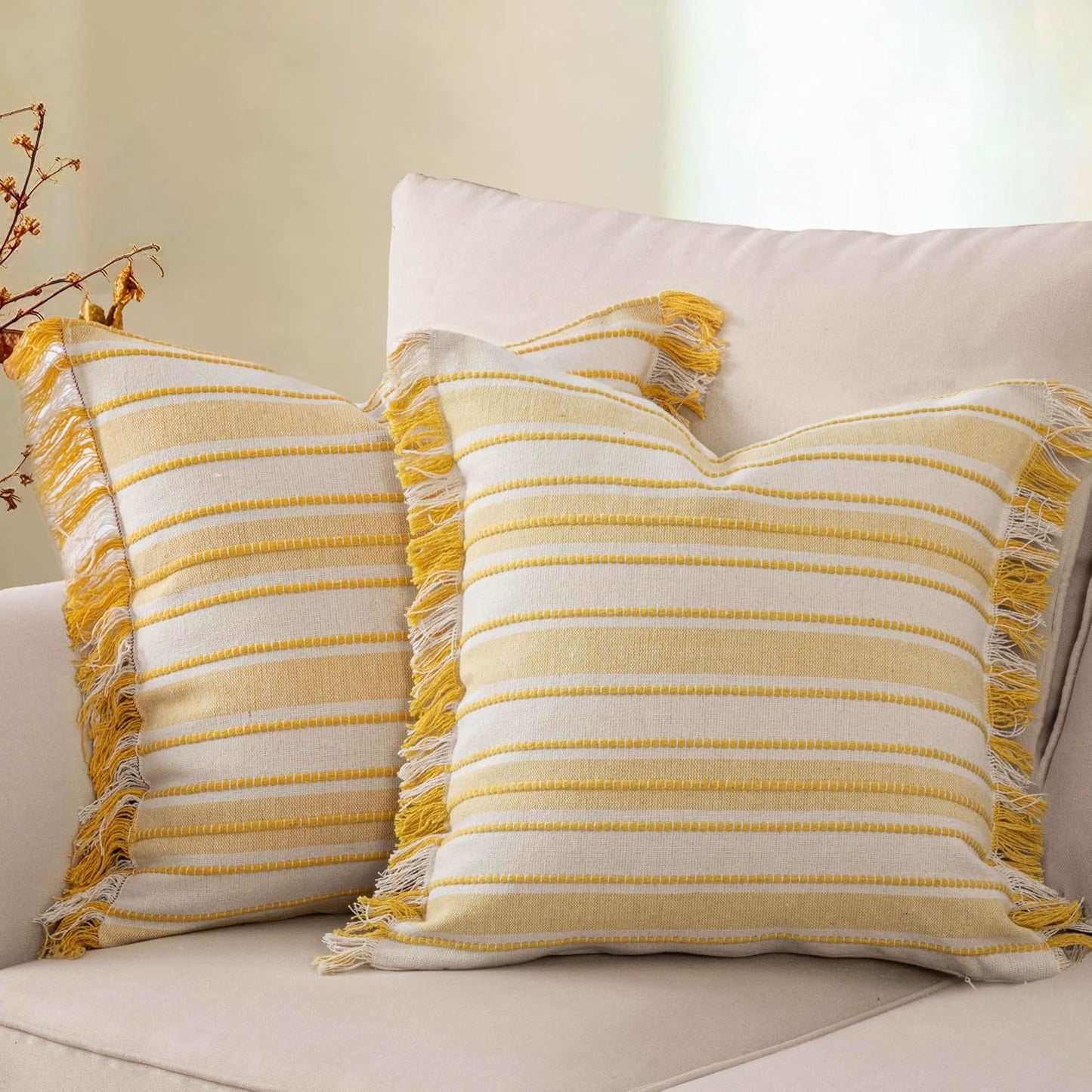Spring Throw Pillow Covers 20x20 Set of 2, Striped Pillow Covers with Tassel Boho Cushion Cover Cotton Decorative Square Pillowcase for Sofa Couch Bed Living Room Neutral Decor, Yellow