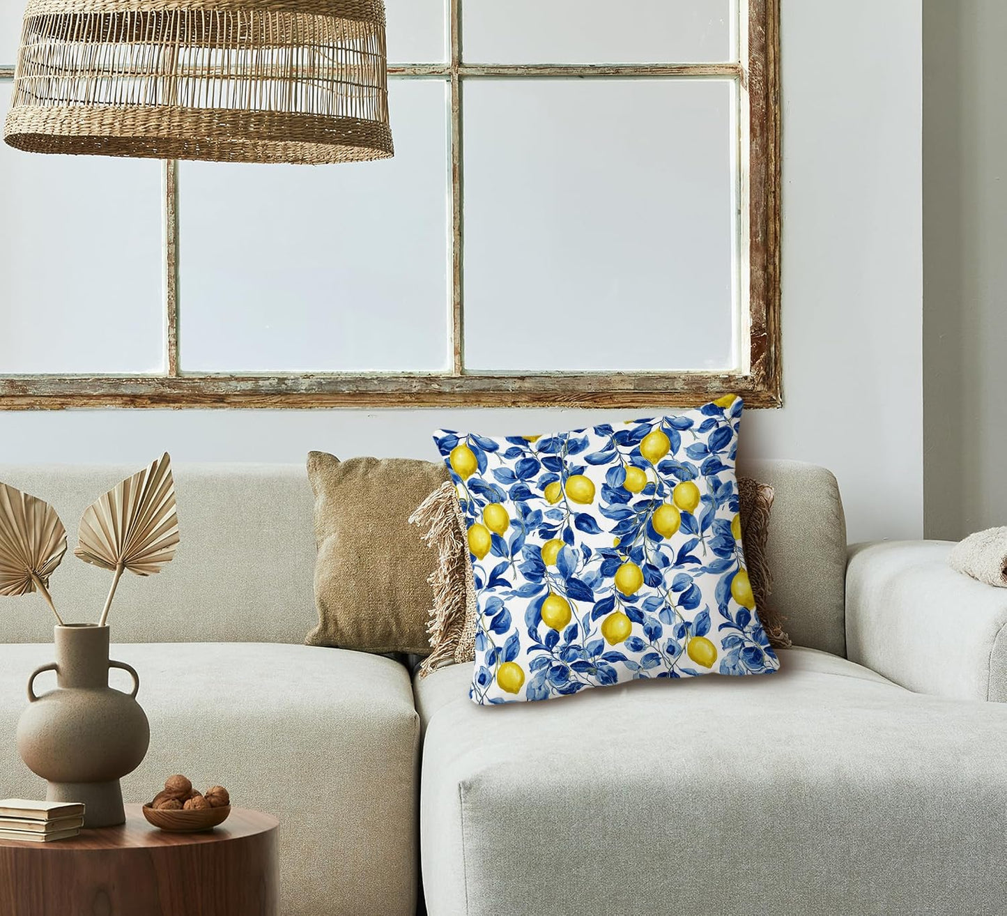 huester Mediterranean Lemon Pillow Cover 18x18, Lemon Gifts for Women, Blue and White Botanical Summer Fruit Decorative Throw Pillow Cover Pillowcases for Home Bedroom Living Room Decor