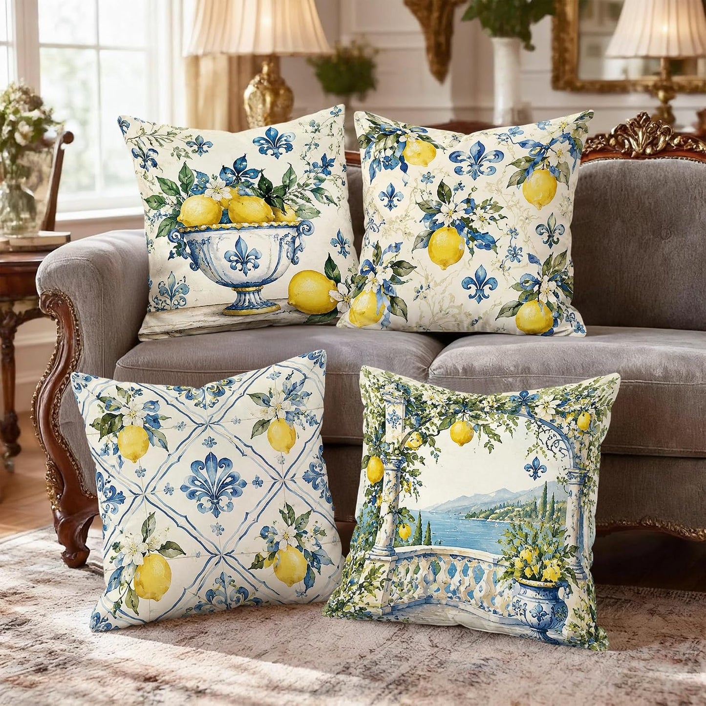 Lemon Throw Pillow Covers Set of 4, Mediterranean Rustic Flower Lily Summer Yellow Soft Velvet Washable Cushion Covers Pillow for Living Room Bed Office Sofa Chair Decor 20x20 Inch