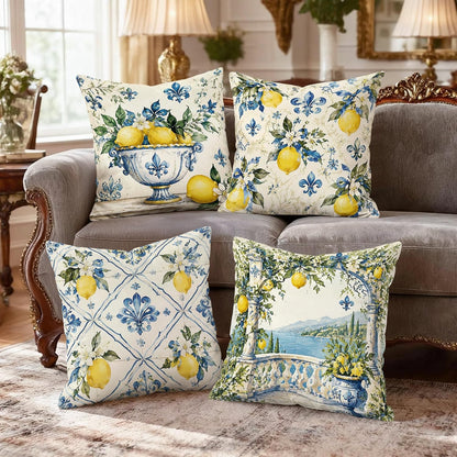 Lemon Throw Pillow Covers Set of 4, Mediterranean Rustic Flower Lily Summer Yellow Soft Velvet Washable Cushion Covers Pillow for Living Room Bed Office Sofa Chair Decor 20x20 Inch