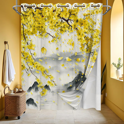 Yellow Floral Hookless Shower Curtain with Snap in Liner Set, Mustard Gray Anime No Hook Shower Curtains for Bathroom Double Layer Ringless Liner with Magnets Waterproof Fabric, 71 x 74 Inch