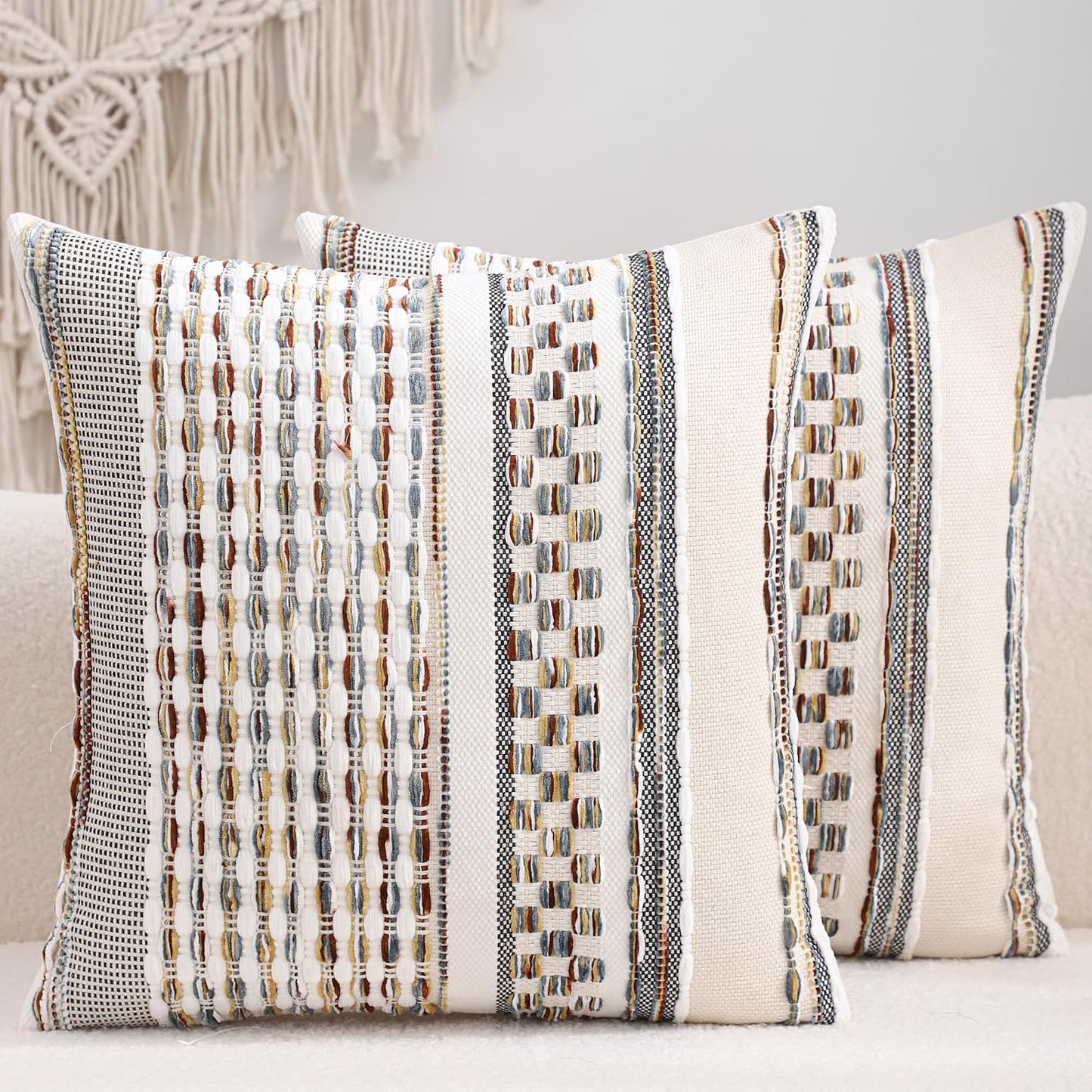 Boho Outdoor Throw Pillow Covers 18x18 Set of 2 Farmhouse Decorative Cushion Case Striped Square Pillow Cover Chenille Pattern Pillow Cases Accent Neutral Pillowcase,Rust Blue and Yellow