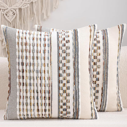 Boho Outdoor Throw Pillow Covers 18x18 Set of 2 Farmhouse Decorative Cushion Case Striped Square Pillow Cover Chenille Pattern Pillow Cases Accent Neutral Pillowcase,Rust Blue and Yellow