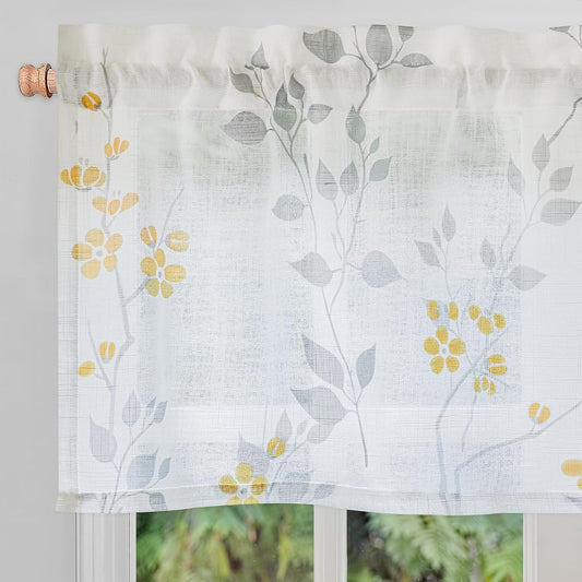 Beauoop Linen Floral Valance Curtains for Kitchen Living Room Yellow Grey Flower Semi Sheer for Bedroom Cafe Farmhouse Light Filtering Rod Pocket Voile Small Window Treatment Drapes, 50x18, 1 Panel