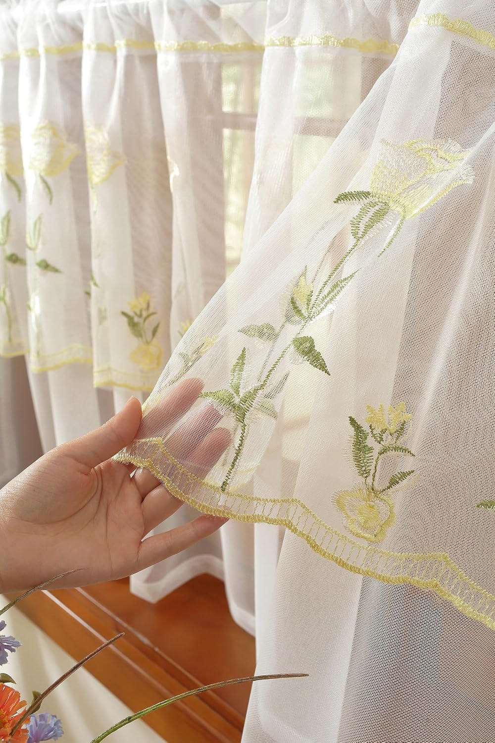 2 Panels Yellow Rose Sheer Valances for Windows Double-Layered Lace Floral Embroidered Kitchen Curtains Over Sink Cafe Curtain, Window Short Small Drapes(Yellow,39"x18")