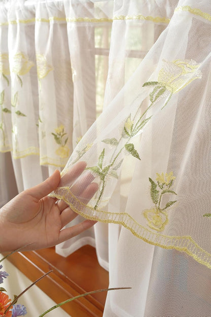 2 Panels Yellow Rose Sheer Valances for Windows Double-Layered Lace Floral Embroidered Kitchen Curtains Over Sink Cafe Curtain, Window Short Small Drapes(Yellow,55"x18")