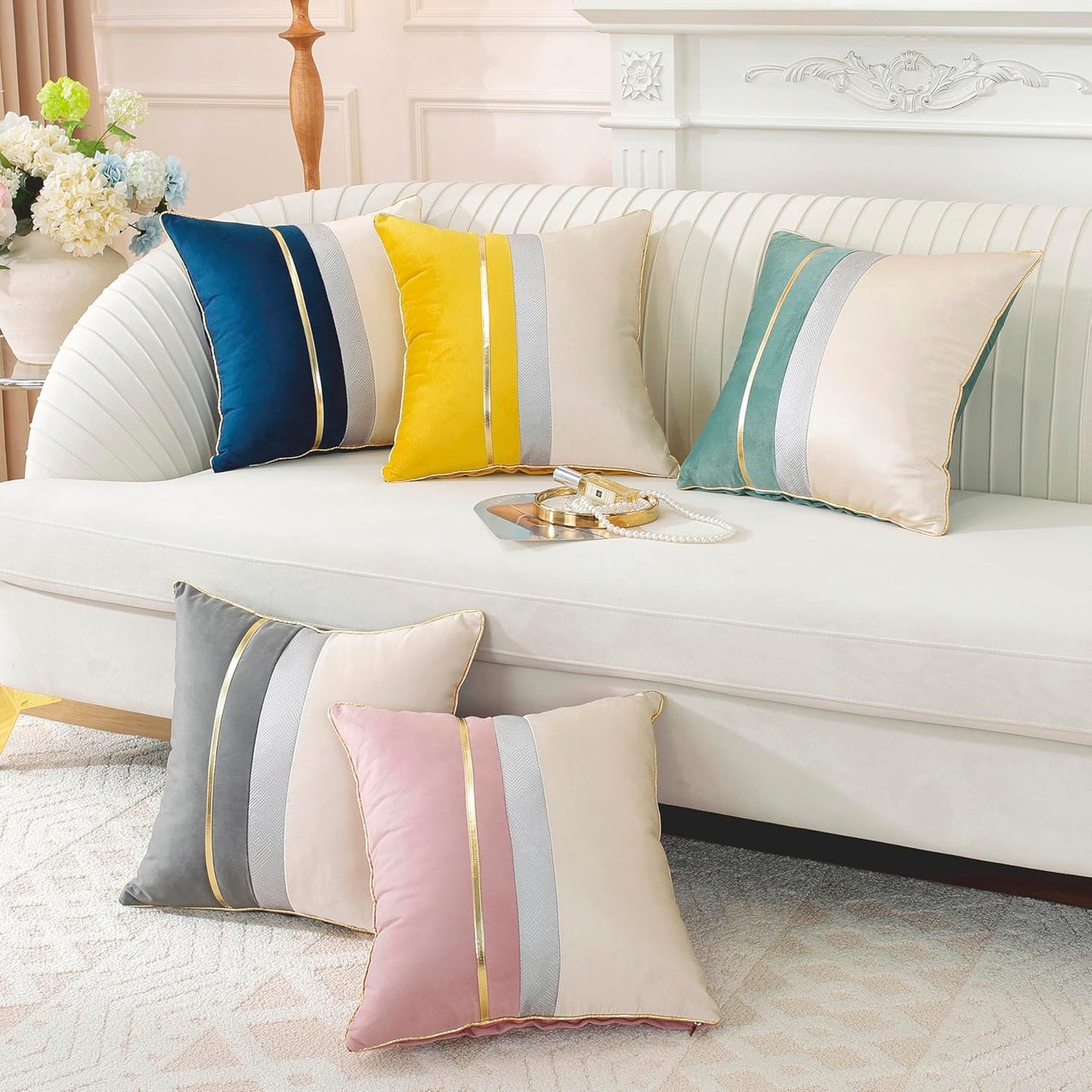 TAOSON Pack of 2, Yellow Beige Patchwork Velvet Throw Pillow Cover with Gold Striped Leather Cushion Case Modern Luxury Square Pillowcase for Sofa Couch Bedroom Living Room Home,12 X 20 inch