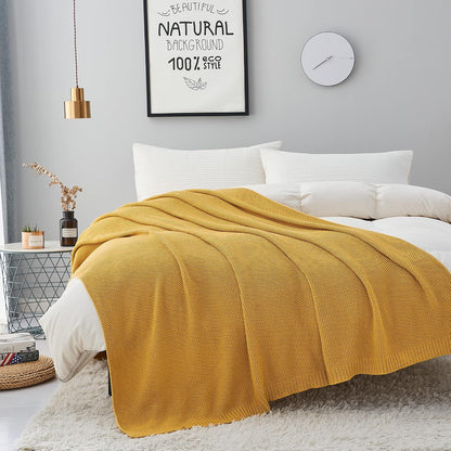 Longhui bedding Mustard Yellow Cotton Cable Knit Throw Blanket for Couch Sofa Bed, Home Decorative Lightweight Knitted Blankets with Bonus Laundering Bag, 60“ x 80”, Machine Washable