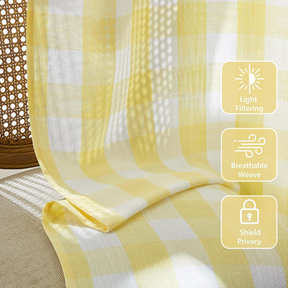 Amzdecor Buffalo Plaid Grommet Curtains 54 Inch Length, Semi-Sheer Gingham Checkered Textured Drapes Rustic Window Treatment for Living Room Bedroom Farmhouse,2 Panels （40" x 54",Yellow & White）