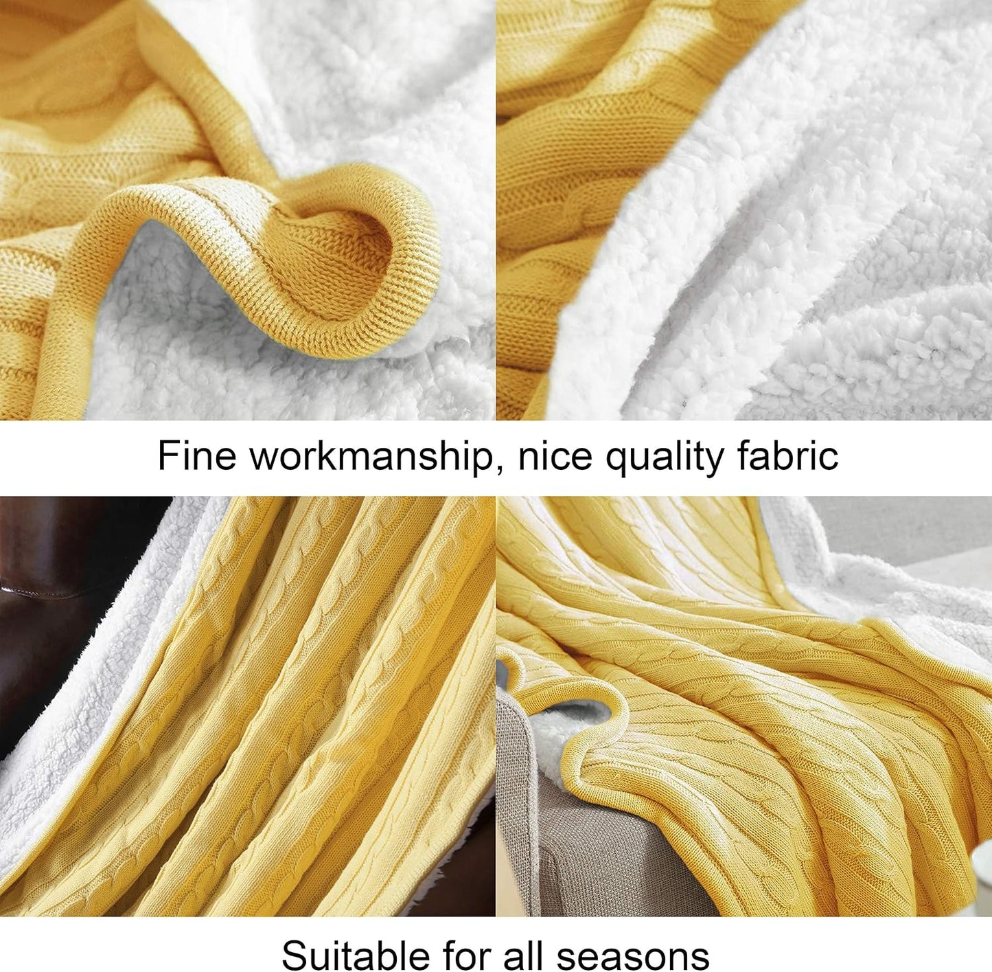NTBAY Cotton Cable Knit Sherpa Throw Blanket for Couch (51"x67"), Soft Warm Fleece Knitted Throw for Bed, Sofa, Chair - Extra Cozy, Machine Washable, Comfortable Home Decor, Yellow