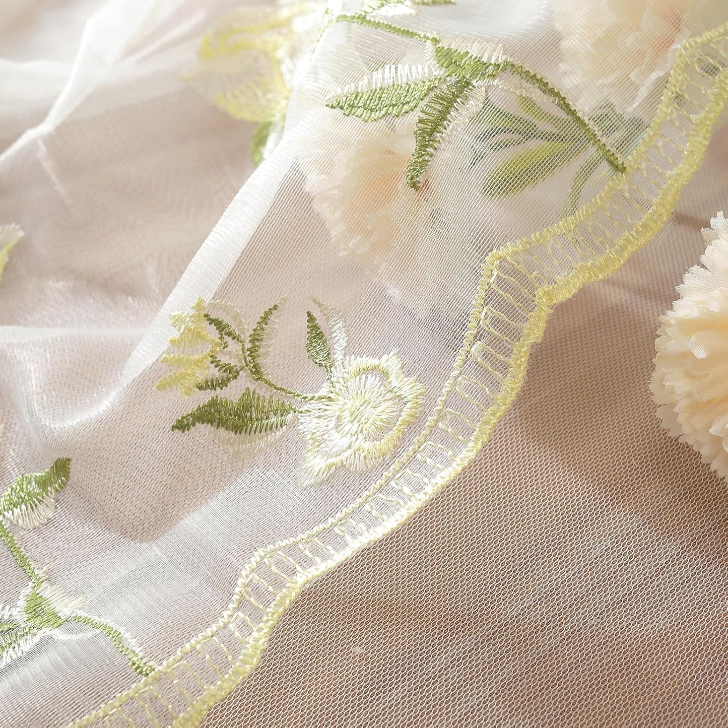 2 Panels Yellow Rose Sheer Valances for Windows Double-Layered Lace Floral Embroidered Kitchen Curtains Over Sink Cafe Curtain, Window Short Small Drapes(Yellow,70"x18")