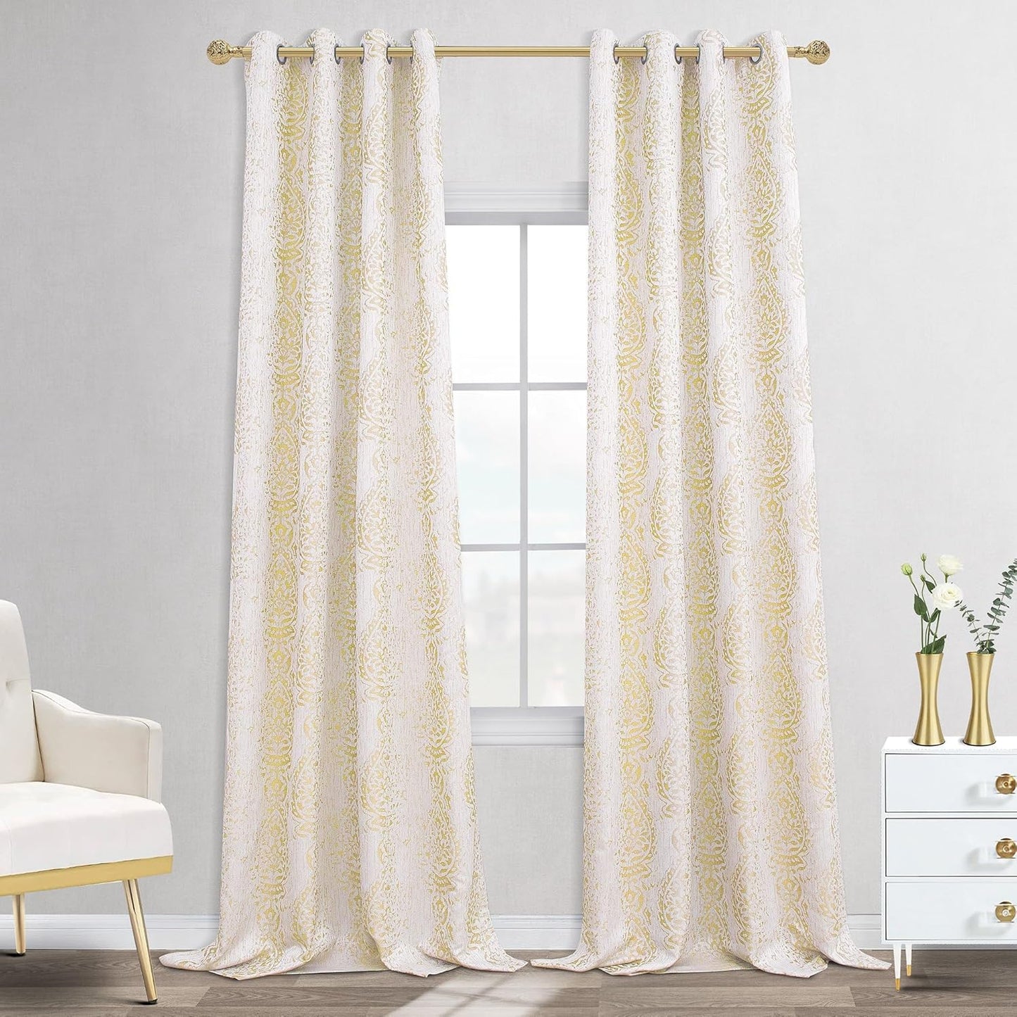 Mrs.Naturall 108 Inch 9FT Farmhouse Room Darkening Curtains, Damask Jacquard Luxury Grommet Drapes for Living Room Bedroom, 2 Panels Set, 9 FT Length 52'' L x 108'' W, Gold Yellow