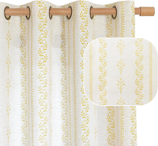 BGment Mustard Yellow Vintage Floral Linen Curtains for Farmhouse - Boho Curtains 84 Inch Long Light Filtering Window Drapes for Country Rustic Living Room, Each 52 Inch Wide, 2 Panels Set