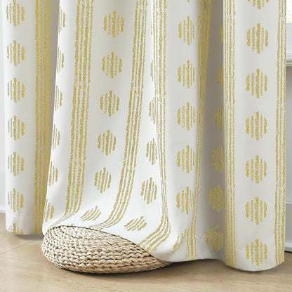 Melodieux 80% Blackout Boho Curtains for Bedroom 84 Inch Length 2 Panels Set Yellow on Beige Striped Pattern Cotton Bedroom Curtains Grommet Room Darkening Curtain for Living Room Thermal Insulated