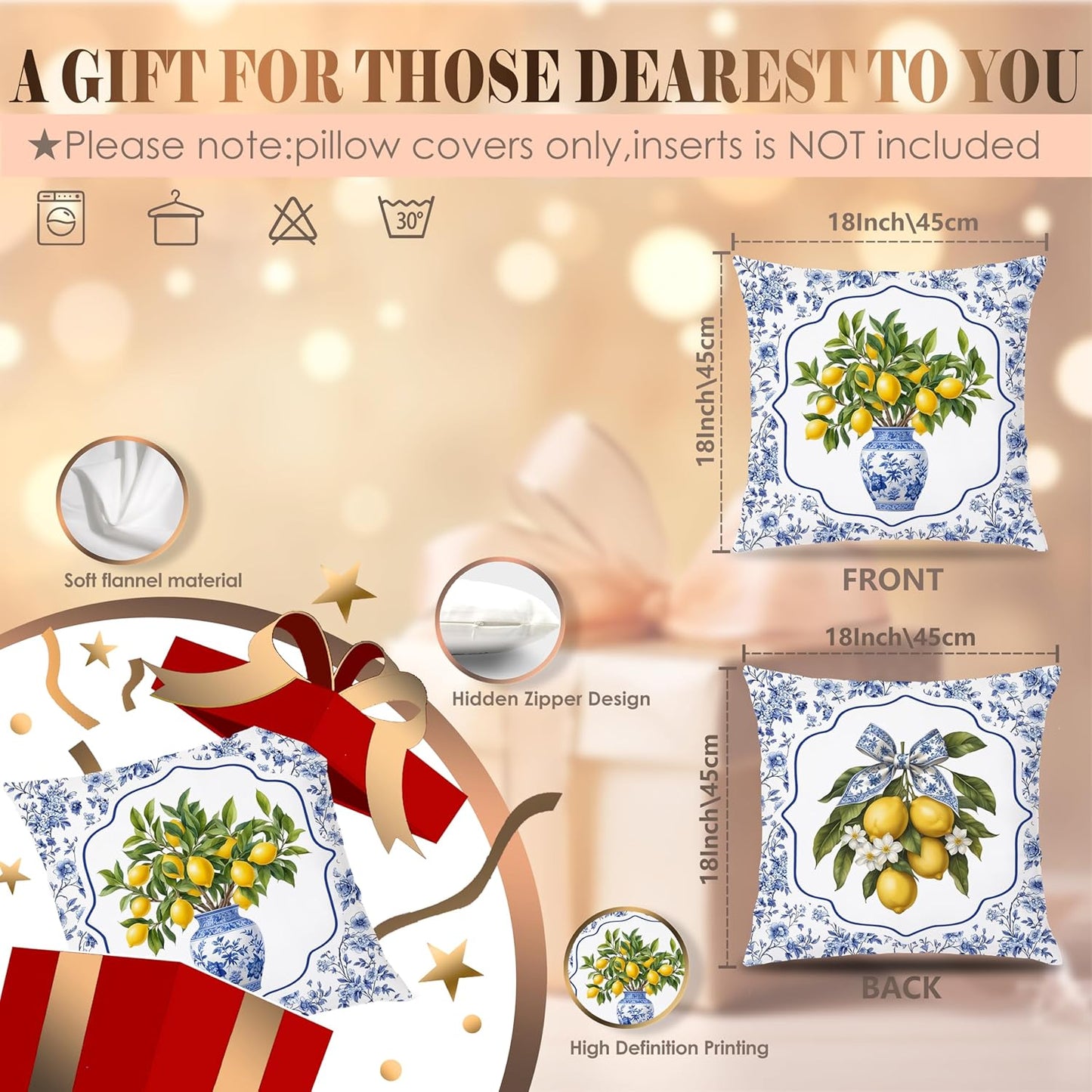 Blue and White Chinoiserie Lemon Pillow Covers 18x18Double-Sided, Grand Millenial Decor, Chinoiserie Decor, Grandmillennial Floral Fruit Lemon Decorative Throw Pillow Covers