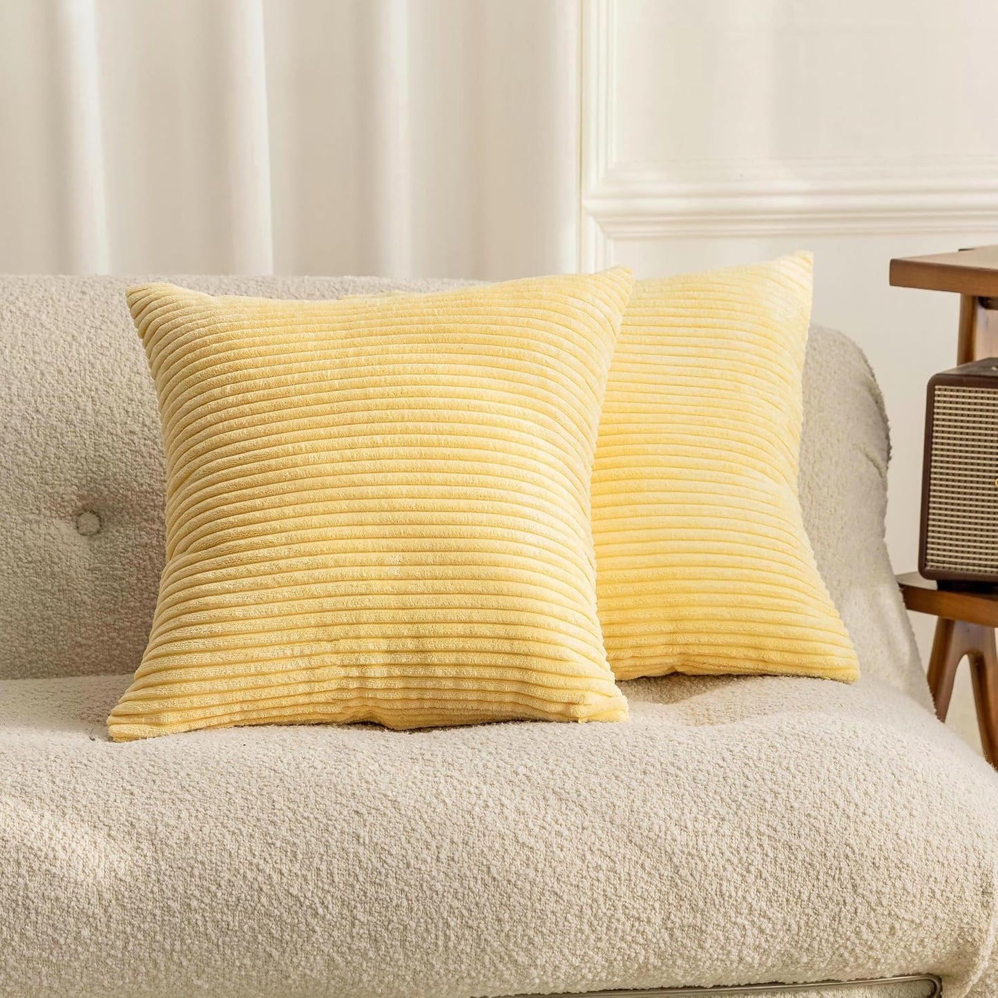 Home Brilliant Set of 2 Super Soft Corduroy Summer Pillow Covers 16x16 Decorative Throw Pillow Covers for Couch Sofa Bed Living Room Hallway Decor, 16 x 16 inch, Light Yellow