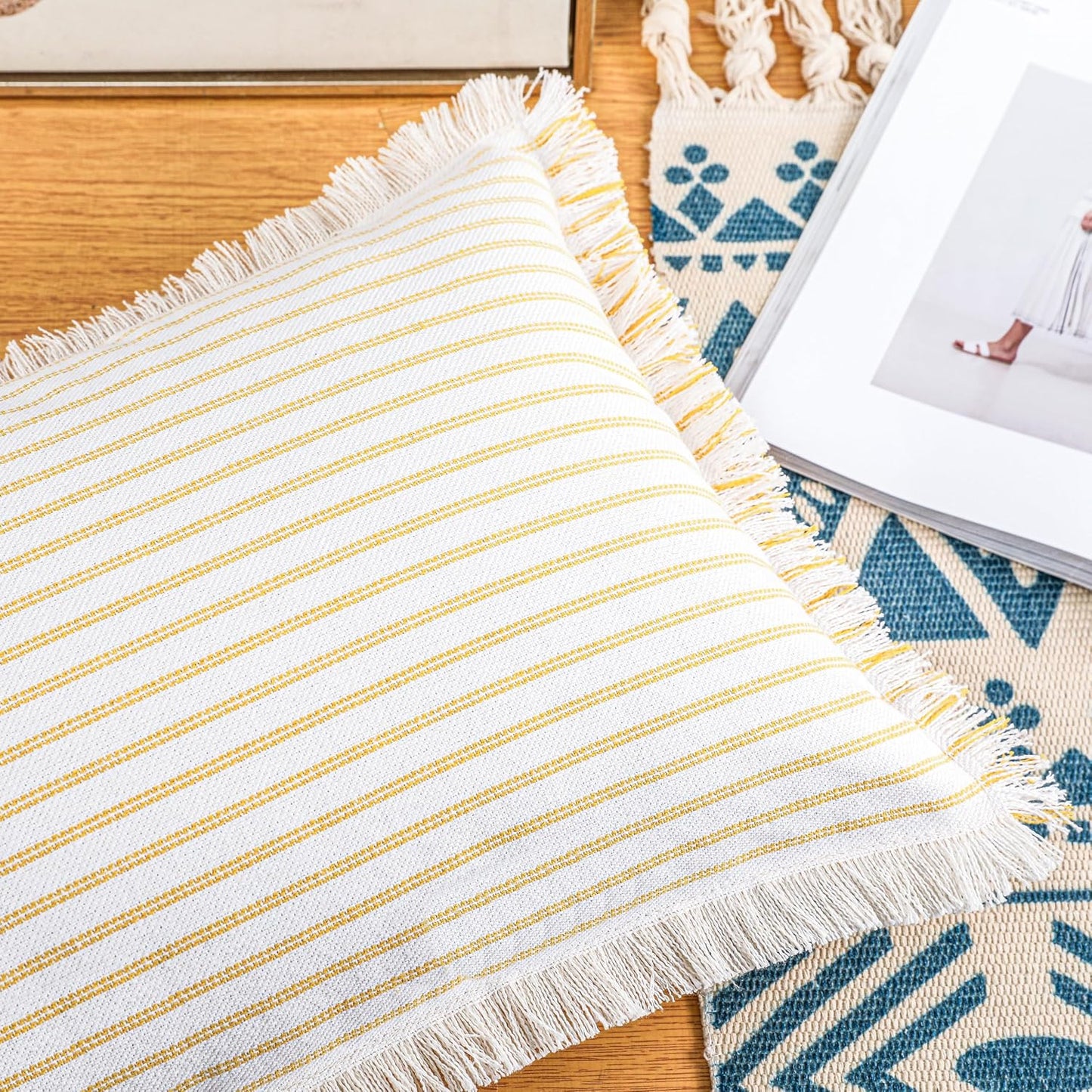 PANOD Decorative Boho Long Lumbar Pillow Cover 12x24,Super Soft Cotton Modern Long Rectangle Pillow Cover Pillow Case for Bed Sofa Couch Farmhouse Livingroom,Yellow