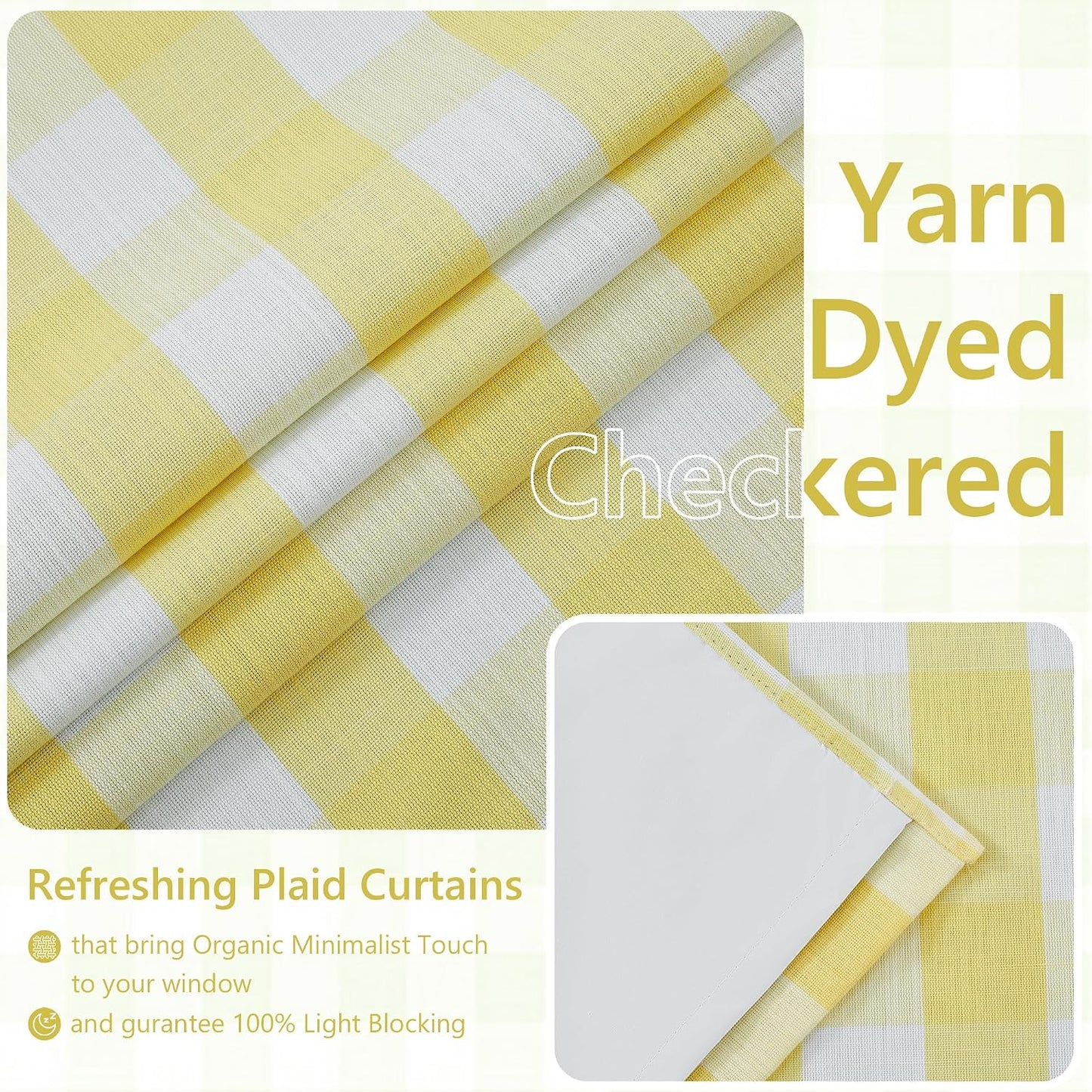 Amzdecor Yellow White Buffalo Plaid Full Blackout Curtains 84 Inch Long for Bedroom Living Room Farmhouse Check Patterned Drapes Thermal Insulated Soundproof Grommet Window Treatment, 2 Panels,40"x84"