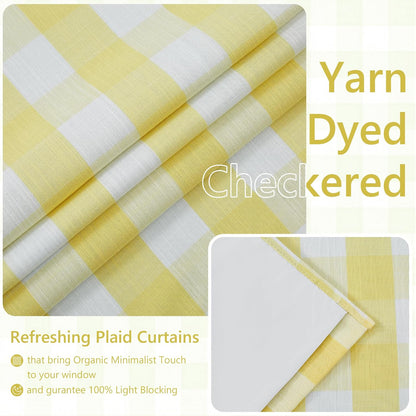 Amzdecor Yellow White Buffalo Plaid Full Blackout Curtains 84 Inch Long for Bedroom Living Room Farmhouse Check Patterned Drapes Thermal Insulated Soundproof Grommet Window Treatment, 2 Panels,40"x84"