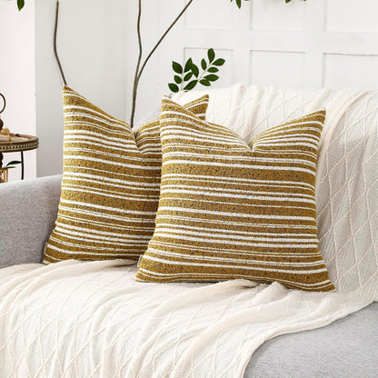 Yellow Striped Chenille Throw Pillow Covers 18x18 Inch Set of 2 Modern Farmhouse Decorative Cushion Covers for Sofa Couch Living Room Bedroom