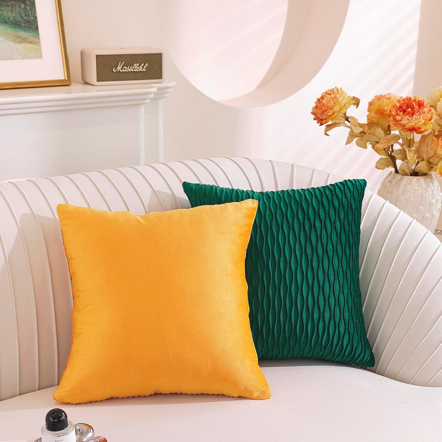 TAOSON Pack of 2,Fall Golden Yellow Velvet Throw Pillow Covers,Original Striped Square Valentines Day Decor Couch Pillowcases Pillow Cover for Wedding Living Room Bedroom Sofa Cushion Bed,18x18 inch