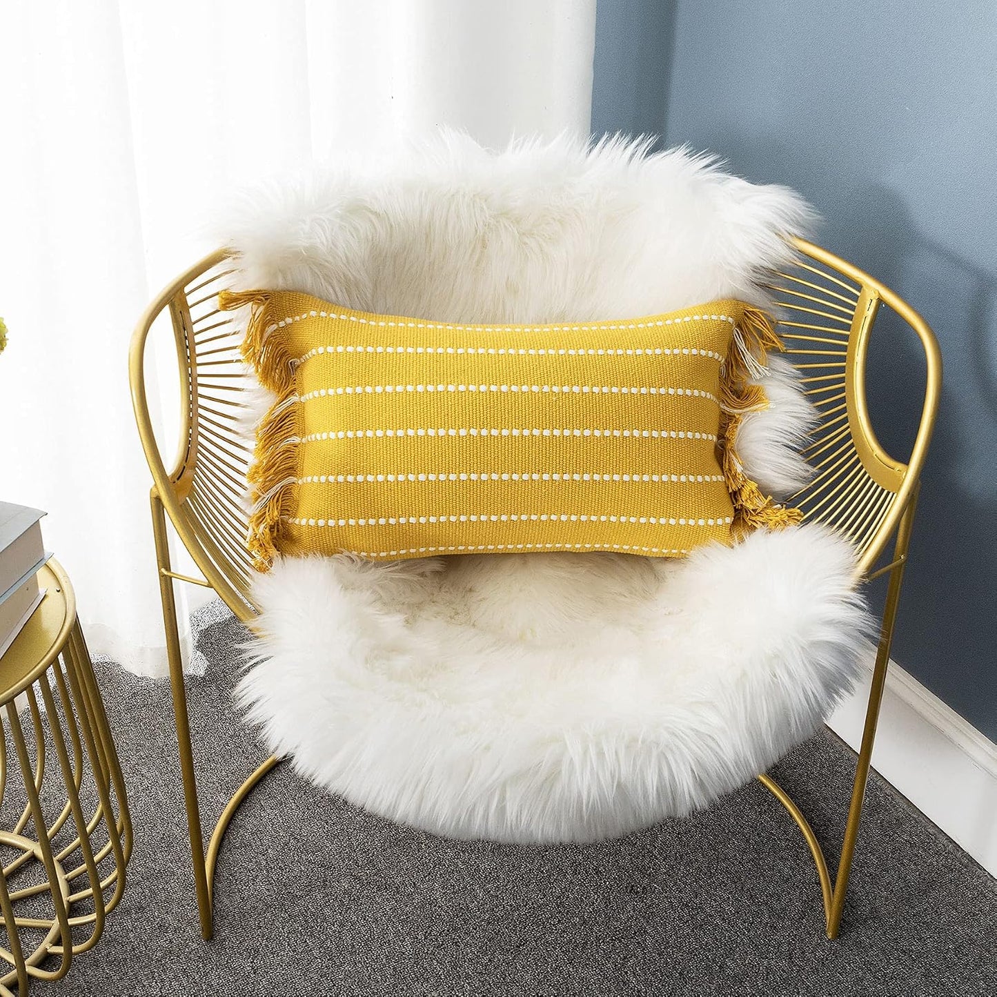 LIGICKY Decorative Boho Lumbar Tassel Throw Pillow Covers Rectangle Woven Cotton Cushion Cover Striped Pillowcases for Couch Sofa Bedroom Living Room, Yellow and White 12 x 20 Inch