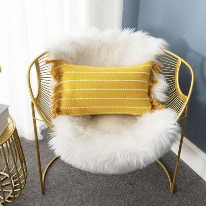 LIGICKY Decorative Boho Lumbar Tassel Throw Pillow Covers Rectangle Woven Cotton Cushion Cover Striped Pillowcases for Couch Sofa Bedroom Living Room, Yellow and White 12 x 20 Inch