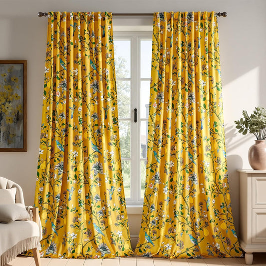 Mustard Yellow Luxury Velvet Floral Curtains 84 inches for Living Room,Vintage Victorian Botanical Blackout Curtain Drapes,2 Panels Mid Century Art Deco Bird Flower Window Curtains for Bedroom