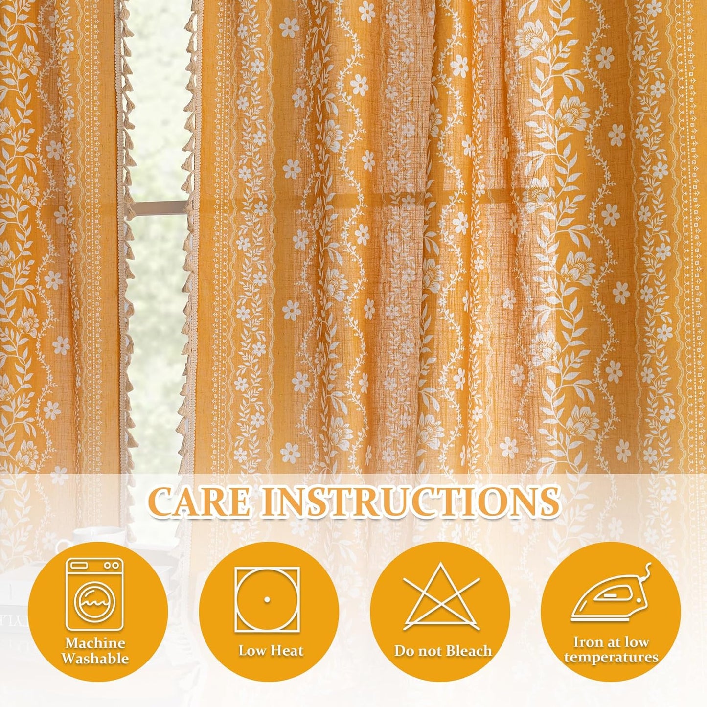 MYSKY HOME Boho Floral Curtains 84 inch Long 2 Panels Set Golden Mustard Yellow Farmhouse Curtains for Bedroom Living Room Light Filtering Semi Sheer Drapes with White Tassel Back Tab, 50" Wide