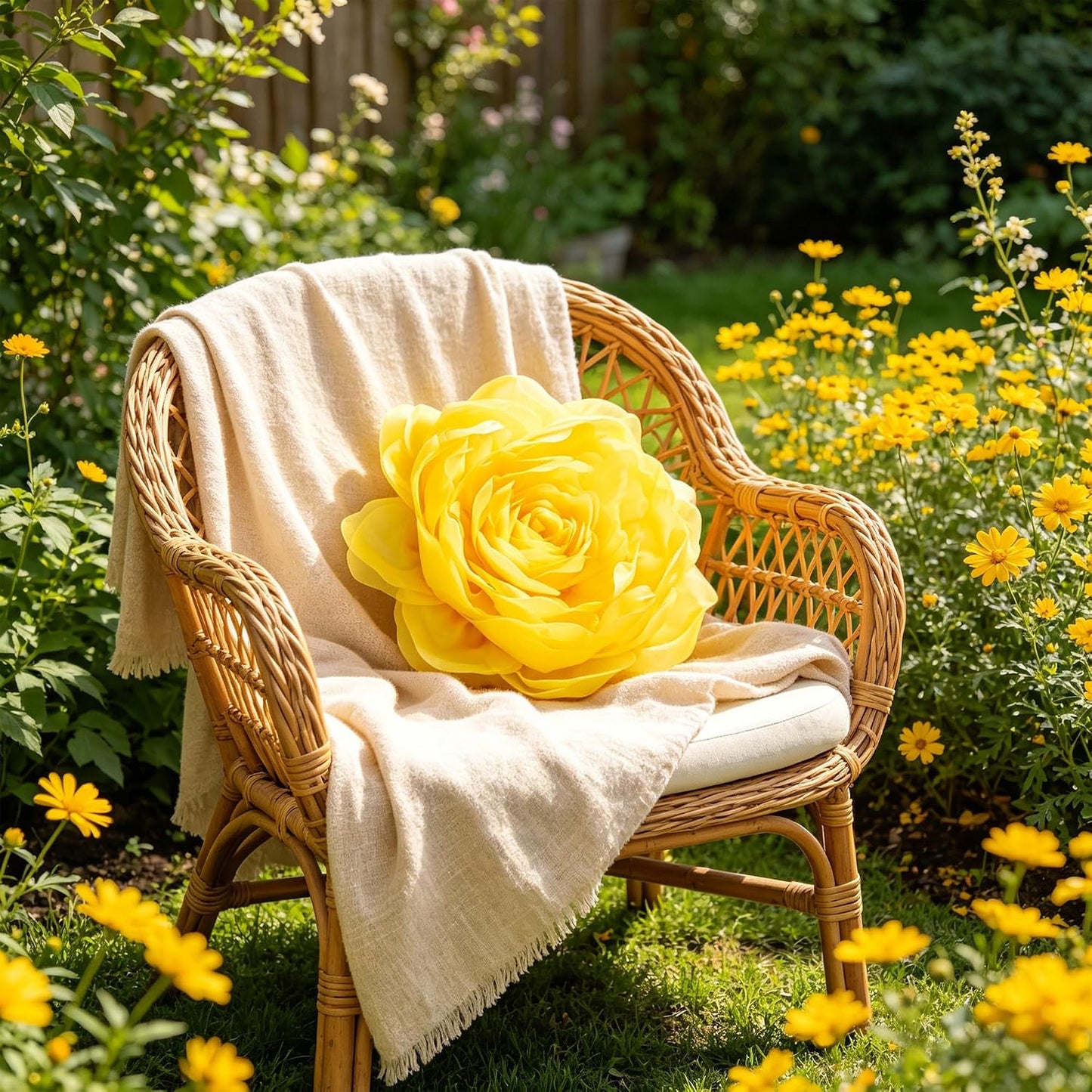 JWH Stereo Flower Throw Pillow Covers Aesthetic Decorative Floral Accent Pillow Cases Round Cushion Handmade Pillowcase for Bedroom Bed Couch Chair Car 12 Inch Bright Yellow