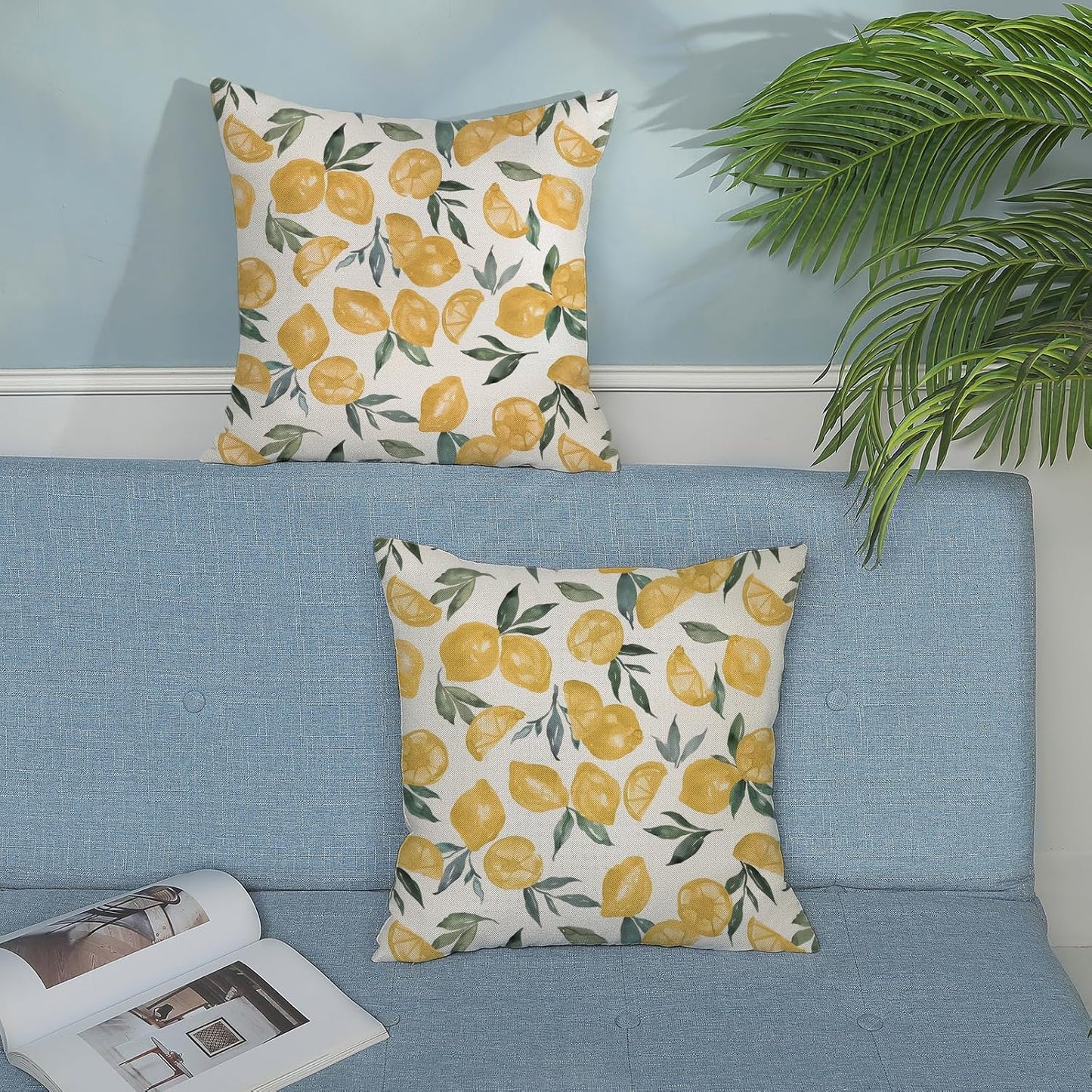 Summer Pillow Covers 18x18 Inch Set of 2 Yellow Lemon Pillow Covers Summer Outdoor Decorative Pillow Cases Linen Farmhouse Yellow Cushion Covers Decor for Couch Living Room Bedroom Sofa