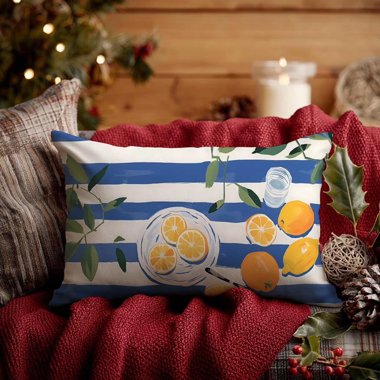 Summer Lemon Pillow Cover 12x20 Double-Sided, Lemon Home Decor, Trendy Blue and White Striped Yellow Fruit Decorative Lumber Throw Pillow Cover for Home Bedroom Living Room