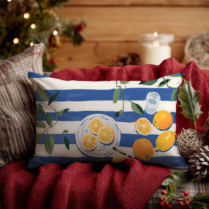 Summer Lemon Pillow Cover 12x20 Double-Sided, Lemon Home Decor, Trendy Blue and White Striped Yellow Fruit Decorative Lumber Throw Pillow Cover for Home Bedroom Living Room