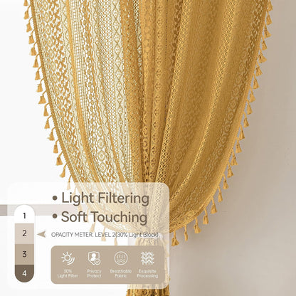 WAZZIO Boho Lace Curtains 63 Inches 2 Panel,Light Filtering Privacy Tassel & Geometry Crochet Semi Sheer Curtain Drapes for Bedroom Living Dining Room,Rod Pocket & Tassel,Mustard Yellow