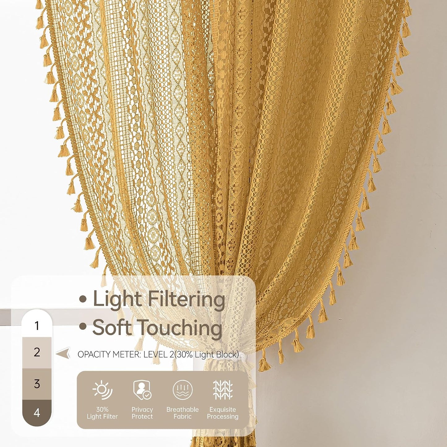 WAZZIO Boho Lace Curtains 84 Inches 2 Panel,Light Filtering Privacy Tassel & Geometry Crochet Semi Sheer Curtain Drapes for Bedroom Living Dining Room,Rod Pocket & Tassel,Mustard Yellow