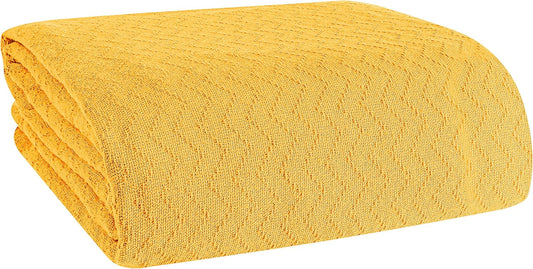 BELIZZI HOME 100% Cotton Bed Blanket, Breathable Thermal Blanket Full -Queen Size, Soft Chevron Thermal Blanket 90"x90", Cotton Bed Blanket, Perfect for Layering Any Bed for All Season, Mustard Yellow