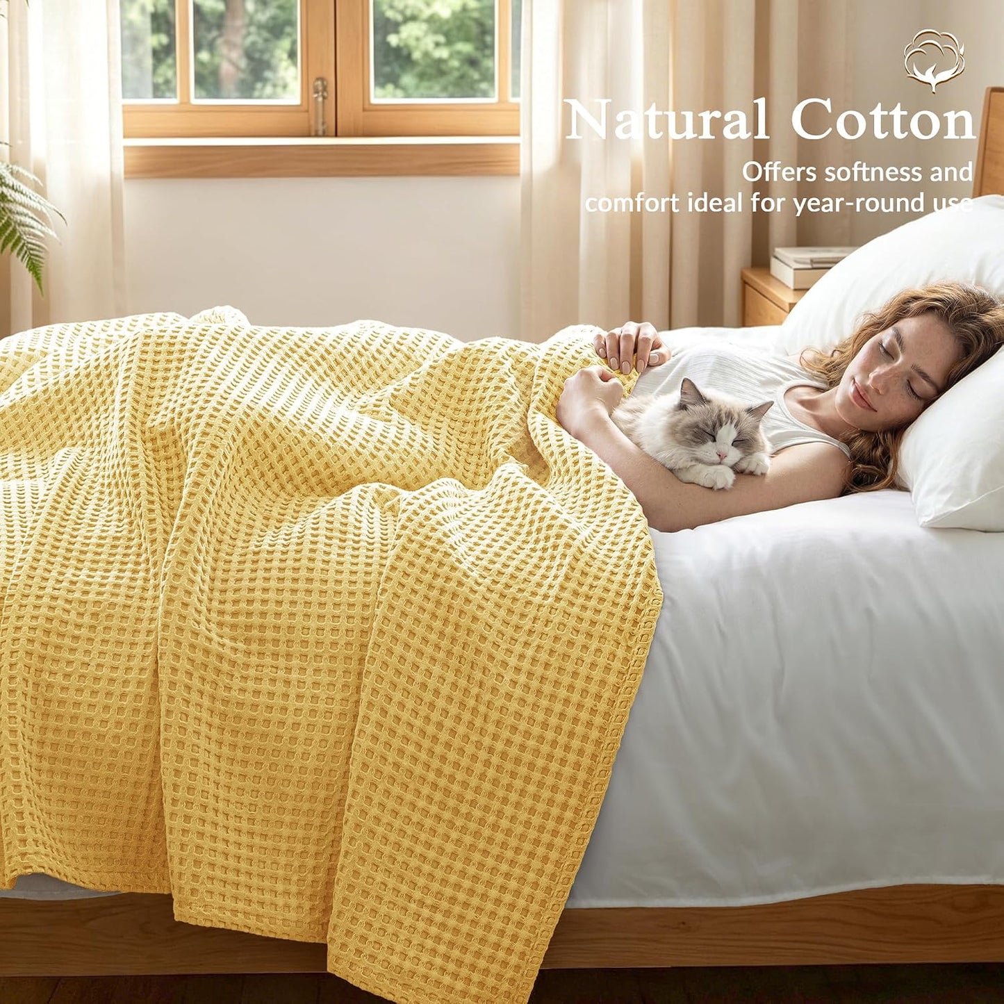 Exclusivo Mezcla Pre-Washed 100% Cotton Waffle Blanket King Size for Bed, 330GSM Lightweight Breathable Summer Blankets, Soft and Cozy, Home Decor, Yellow, 104x90 Inches