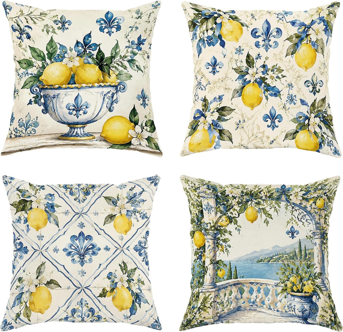 Lemon Throw Pillow Covers Set of 4, Mediterranean Rustic Flower Lily Summer Yellow Soft Velvet Washable Cushion Covers Pillow for Living Room Bed Office Sofa Chair Decor 20x20 Inch