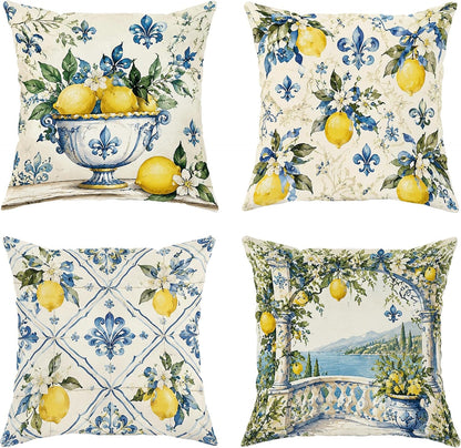 Lemon Throw Pillow Covers Set of 4, Mediterranean Rustic Flower Lily Summer Yellow Soft Velvet Washable Cushion Covers Pillow for Living Room Bed Office Sofa Chair Decor 20x20 Inch