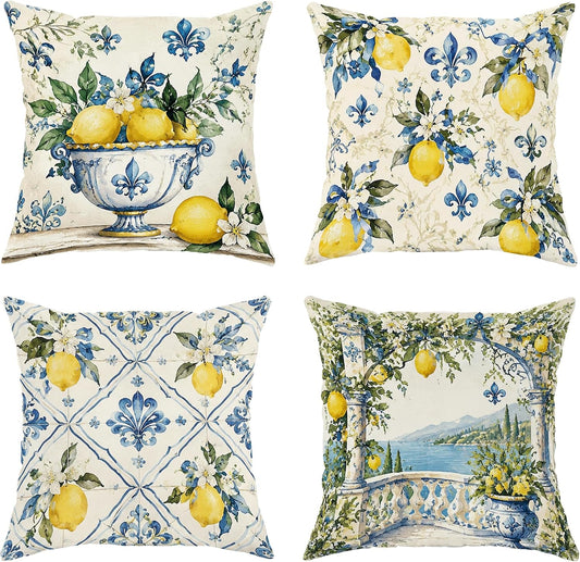 Lemon Throw Pillow Covers Set of 4, Mediterranean Rustic Flower Lily Summer Yellow Soft Velvet Washable Cushion Covers Pillow for Living Room Bed Office Sofa Chair Decor 20x20 Inch