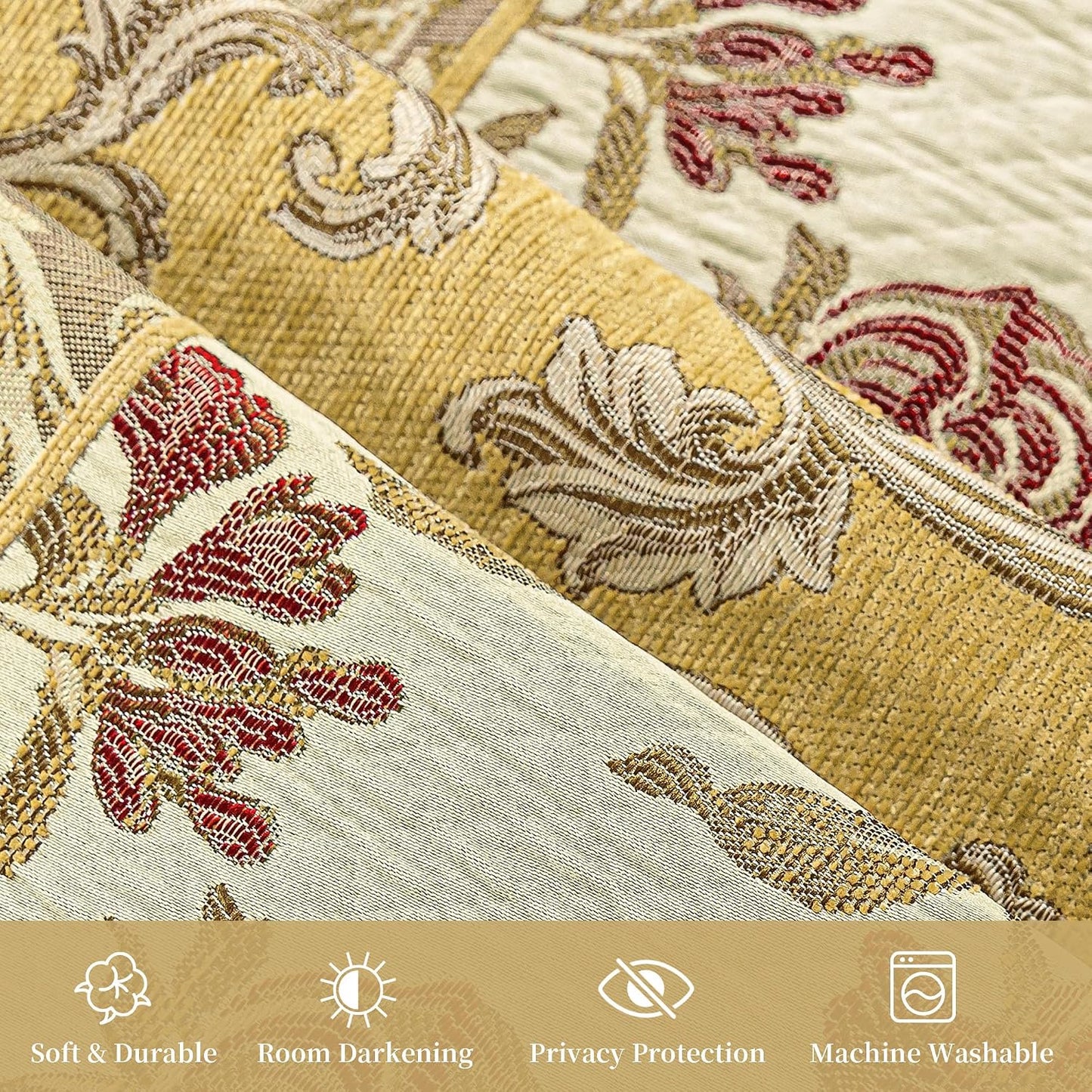 Loom and Mill Damask Patchwork Curtains for Bedroom, Beige Yellow Lined Jacquard Curtains 2 Panels with Tiebacks, Window Curtain for Living Room Banquet Halloween Decor, Rod Pocket(52”x 84”, 2 Panels)