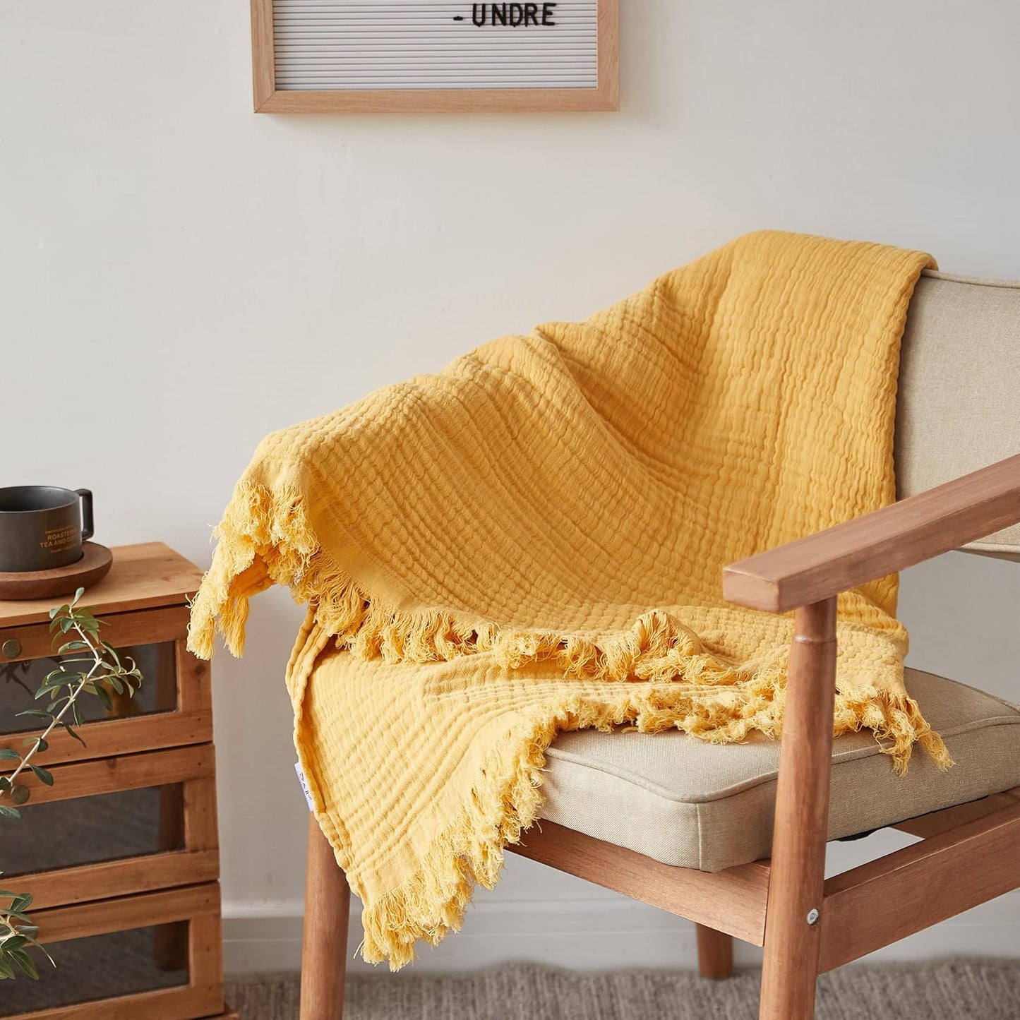 FALUCA Cotton Muslin Throw Blanket 50x60 Inches for Bed, Couch, Knit Woven Gauze Blanket, Soft Lightweight Cozy Breathable Farmhouse Decoration for All-Season, Mustard Yellow